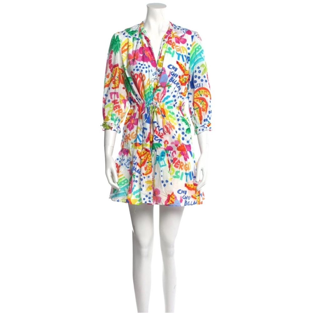 Farm Rio White Colorful Jungle Print Mini Dress w/ Waist Tie & Tassels sz L - Picture 7 of 10